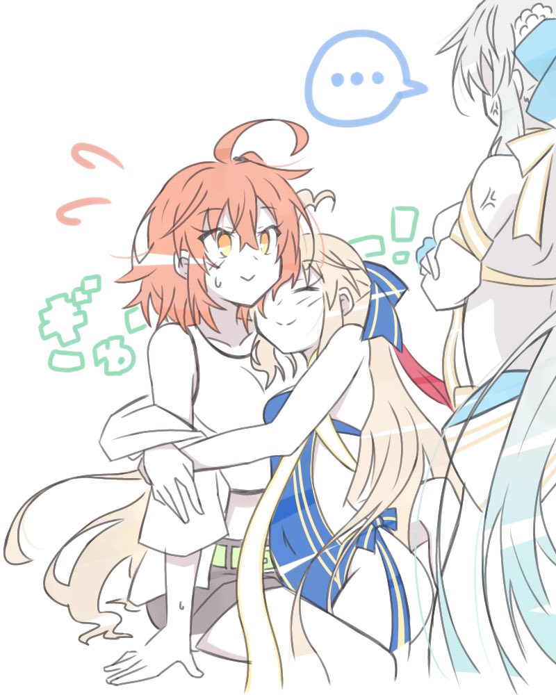 ... 3girls ahoge anger_vein artoria_caster_(fate) artoria_caster_(swimsuit_berserker)_(fate) artoria_caster_(swimsuit_berserker)_(third_ascension)_(fate) artoria_pendragon_(fate) belt black_shorts blonde_hair crossed_arms fate/grand_order fate_(series) fujimaru_ritsuka_(female) fujimaru_ritsuka_(female)_(summer_street) green_belt grey_hair heart heart_ahoge hug jealous long_hair morgan_le_fay_(fate) morgan_le_fay_(water_princess)_(fate) multiple_girls orange_eyes shorts sitting spoken_ellipsis uryu0270