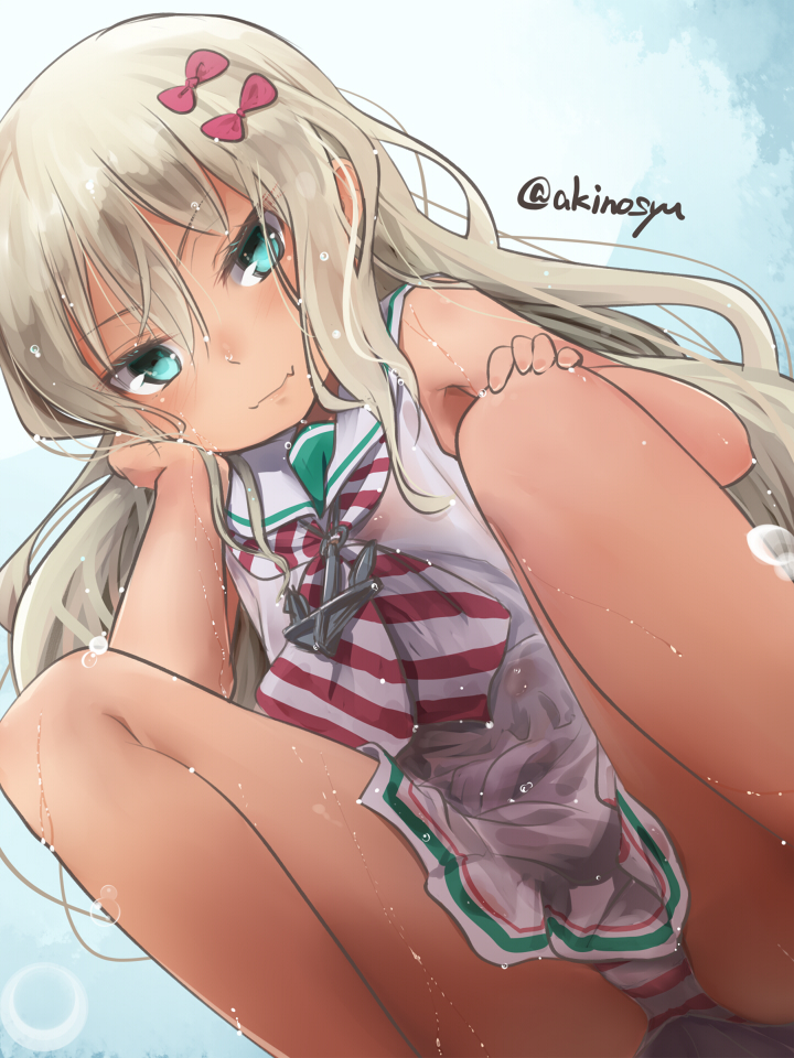 1girl akino_shuu artist_name blonde_hair bow closed_mouth commentary_request dress fang fang_out grecale_(kancolle) green_eyes hair_bow kantai_collection long_hair looking_at_viewer multiple_hair_bows neckerchief panties red_neckerchief red_panties sailor_collar sailor_dress signature skin_fang solo squatting striped_clothes striped_panties underwear white_dress white_sailor_collar