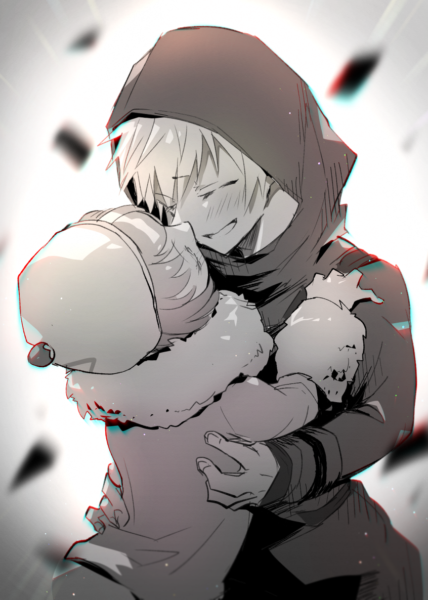 1boy 1girl ando_ruruka blurry blurry_background blush couple danganronpa_(series) danganronpa_3_(anime) facing_another fur-trimmed_jacket fur_collar fur_trim grin hat hetero hood hood_up hooded_jacket izayoi_sounosuke jacket kuzuhana short_hair smile teeth