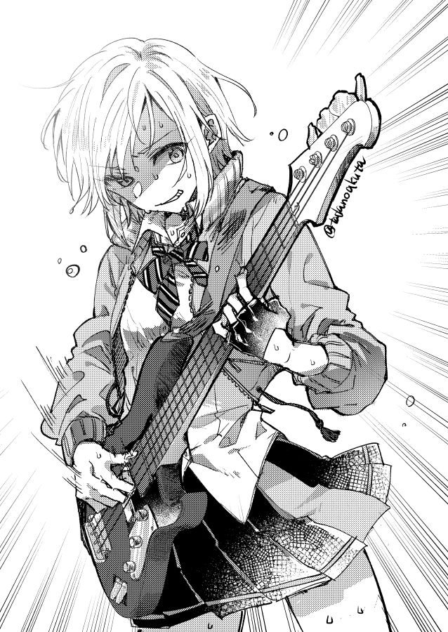 1girl bass_guitar black_skirt bow bowtie breasts collared_shirt commentary cowboy_shot fingerless_gloves gloves greyscale grin guitar_strap half_gloves hinomori_shiho instrument jacket looking_at_object monochrome music open_clothes open_jacket playing_bass_guitar playing_instrument pleated_skirt project_sekai shirt short_hair sidelocks single_glove skirt small_breasts smile solo standing striped_bow striped_bowtie striped_clothes sweat sweatdrop tadano_kagekichi twitter_username untucked_shirt white_shirt