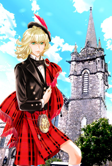 10s 1boy alternate_costume barnaby_brooks_jr. blonde_hair bow bowtie glasses green_eyes kilt male_focus plaid scotland solo sporran suzan2nd tam_o&#039;shanter tiger_&amp;_bunny