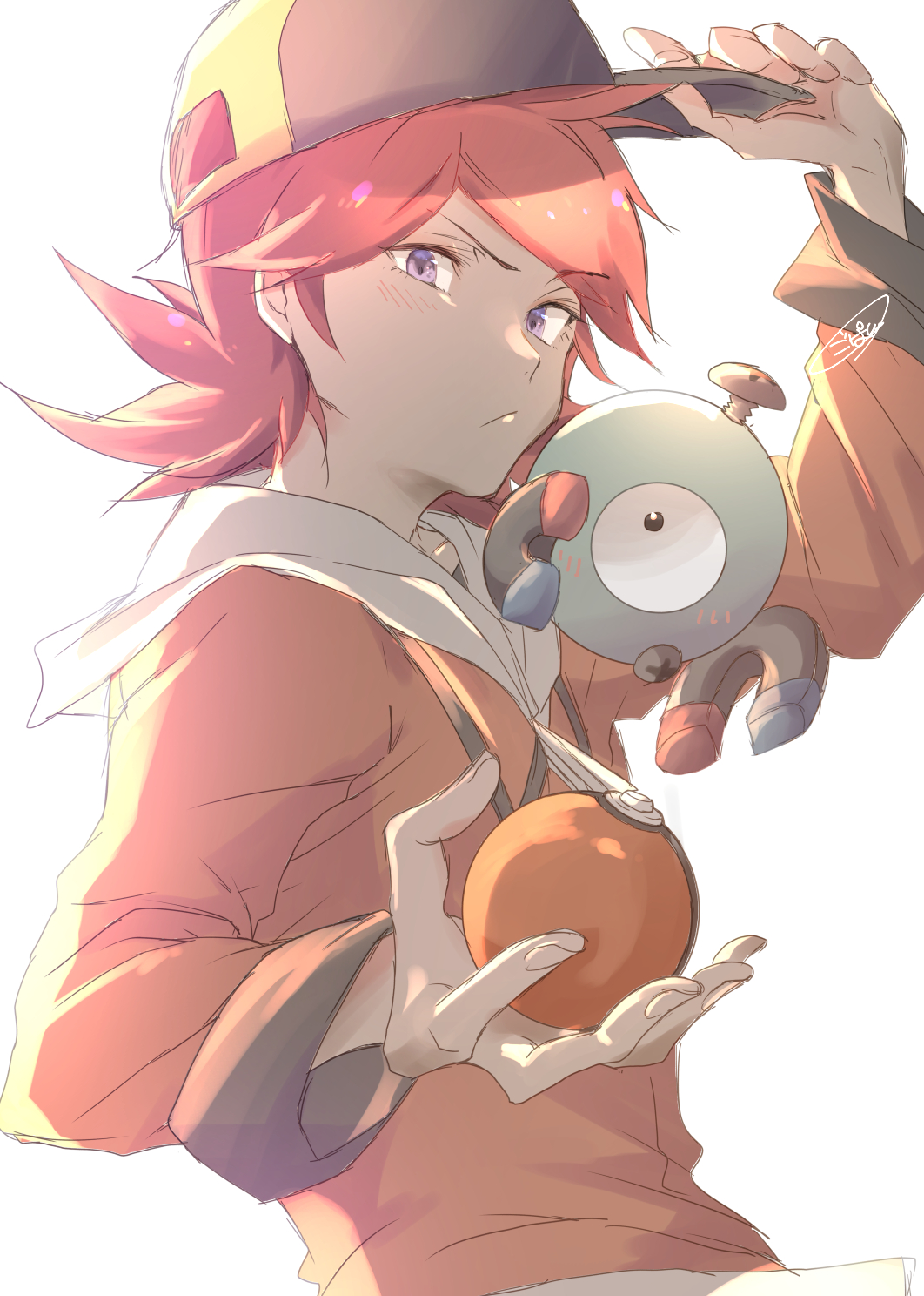1boy ahoge blush cosplay ethan_(pokemon) ethan_(pokemon)_(cosplay) frown gen_1_pokemon gopan_(pkghnman) hand_on_headwear hat highres holding holding_poke_ball jacket looking_at_viewer magnemite medium_hair nintendo poke_ball pokemon pokemon_hgss pout purple_eyes red_hair signature silver_(pokemon) simple_background tsundere white_background