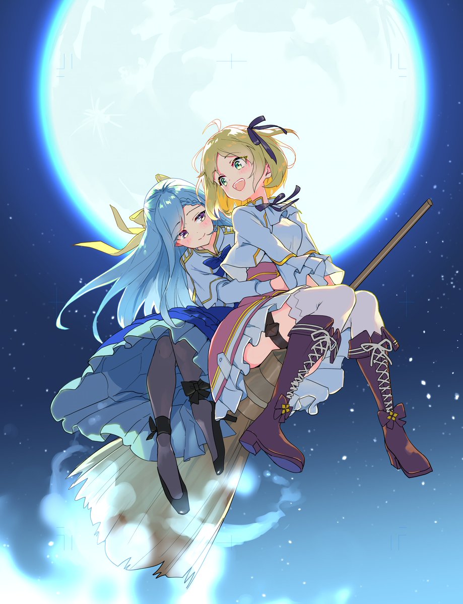2girls anisphia_wynn_palettia black_pantyhose black_ribbon black_shoes blonde_hair blue_bow blue_bowtie blue_skirt boots bow bowtie broom broom_riding brown_boots closed_mouth coat commentary_request euphyllia_magenta green_eyes hair_ribbon high_heels highres hug hug_from_behind knee_boots long_hair looking_at_another medium_hair miman moon multiple_girls neck_ribbon night official_art open_mouth outdoors pantyhose pink_skirt purple_eyes ribbon second-party_source shirt shoes skirt smile tensei_oujo_to_tensai_reijou_no_mahou_kakumei thigh_strap thighhighs white_coat white_hair white_shirt white_thighhighs