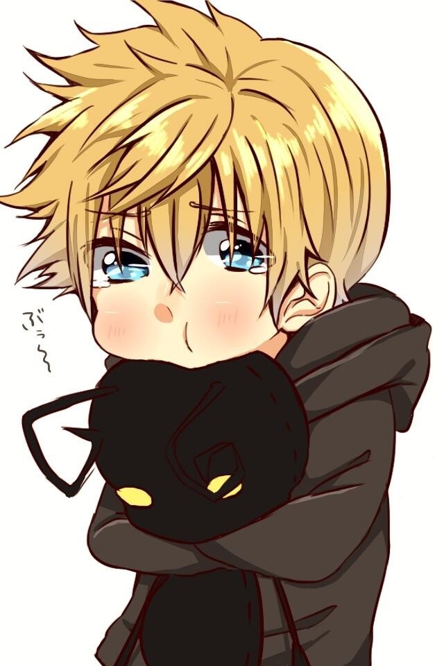 1boy black_coat black_coat_(kingdom_hearts) blonde_hair blue_eyes blush character_doll chibi coat crying heartless hood hoodie kingdom_hearts male_focus hugging_object pout puffy_cheeks rai_(lavi811) roxas shadow_(kingdom_hearts) solo stuffed_toy tearing_up tears translation_request
