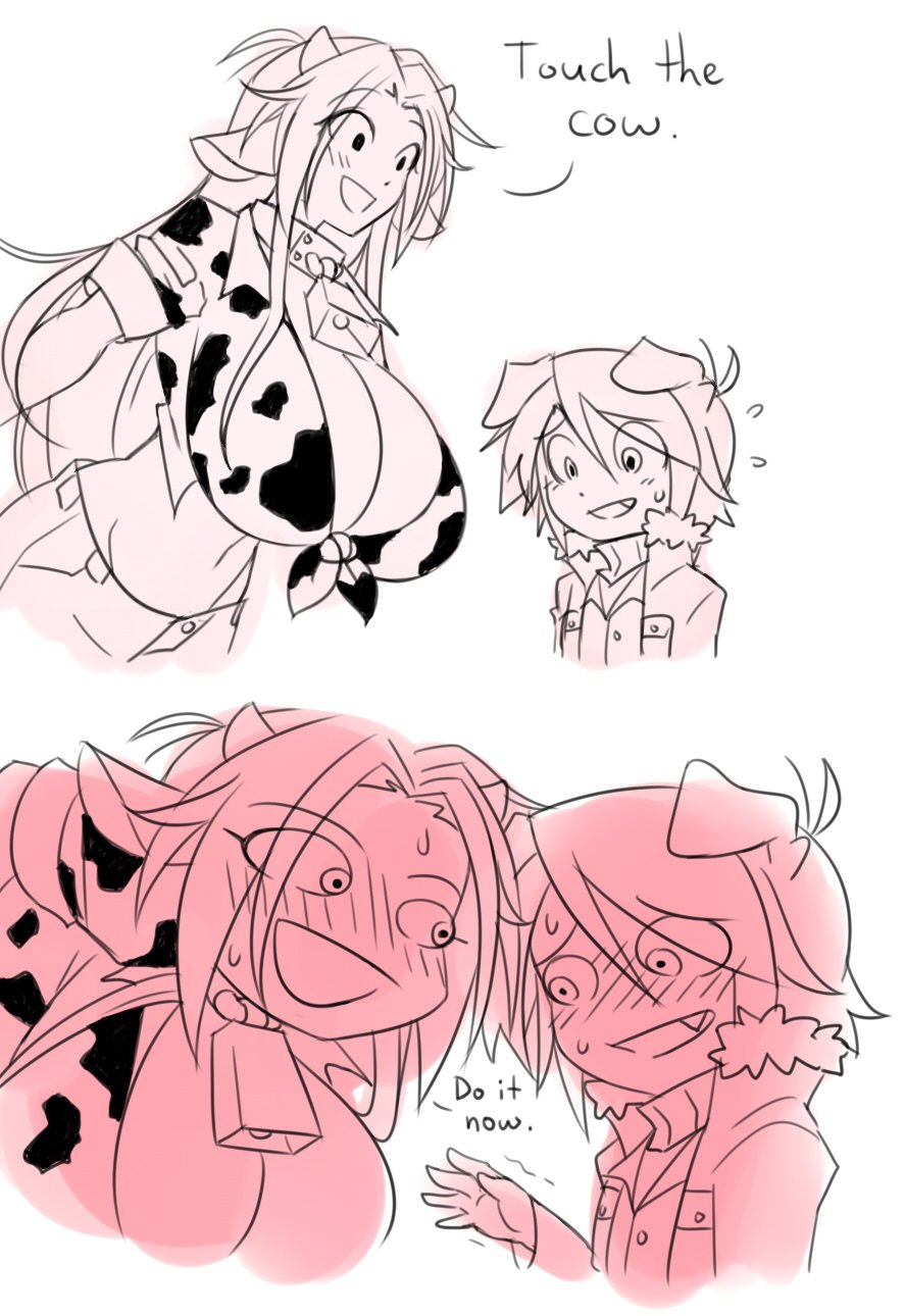 1boy 1girl animal_ears animal_print assertive_female bell blush breasts cow_ears cow_horns cow_print dog_ears english_text graph_(graphiteknight) height_difference highres horns huge_breasts long_hair matt_(ego_trigger) mattie_(ego_trigger) meme neck_bell original shota touch_the_cow_(meme)