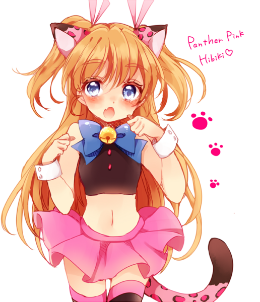 10s 1girl :o animal_ears bell black_shirt blue_bow blue_eyes bow brown_hair cat_ears cat_tail character_name cowboy_shot eyebrows female_focus houjou_hibiki jingle_bell kemonomimi_mode leopard_ears long_hair looking_at_viewer panther_pink_(precure) pink_skirt precure shirt skirt sleeveless sleeveless_shirt solo suite_precure tail thighhighs two_side_up uzuki_aki white_background wrist_cuffs