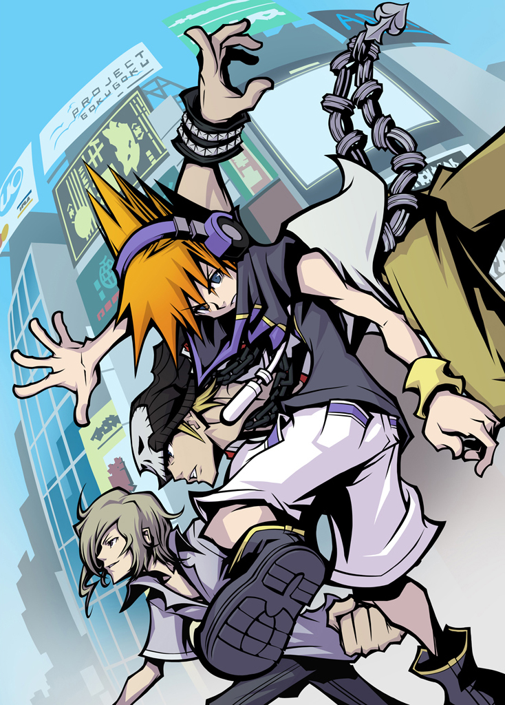 3boys beanie bito_daisukenojo black_footwear blonde_hair blue_eyes building city collared_shirt eyebrows from_behind grey_hair hat headphones high_collar kiryu_yoshiya kobayashi_gen male_focus mp3_player multiple_boys nomura_tetsuya official_art open_collar orange_hair pocket sakuraba_neku shirt short_sleeves shorts skull_print skyscraper sleeveless sleeveless_shirt spiked_hair subarashiki_kono_sekai white_shorts wristband