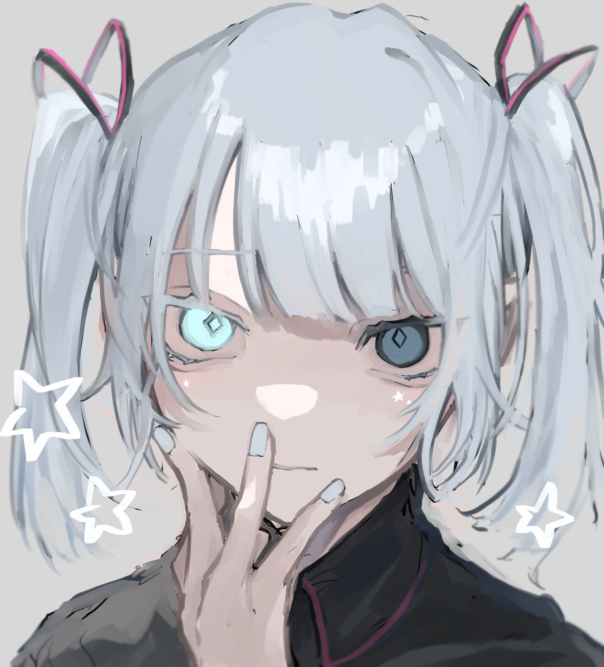 1girl aqua_eyes aqua_hair aqua_nails closed_mouth commentary diamond-shaped_pupils diamond_(shape) facial_mark grey_background hatsune_miku heterochromia highres kajiwara_3 looking_at_viewer medium_hair nail_polish portrait simple_background solo star_(symbol) star_facial_mark symbol-shaped_pupils twintails upper_body vocaloid w w_over_face w_over_mouth