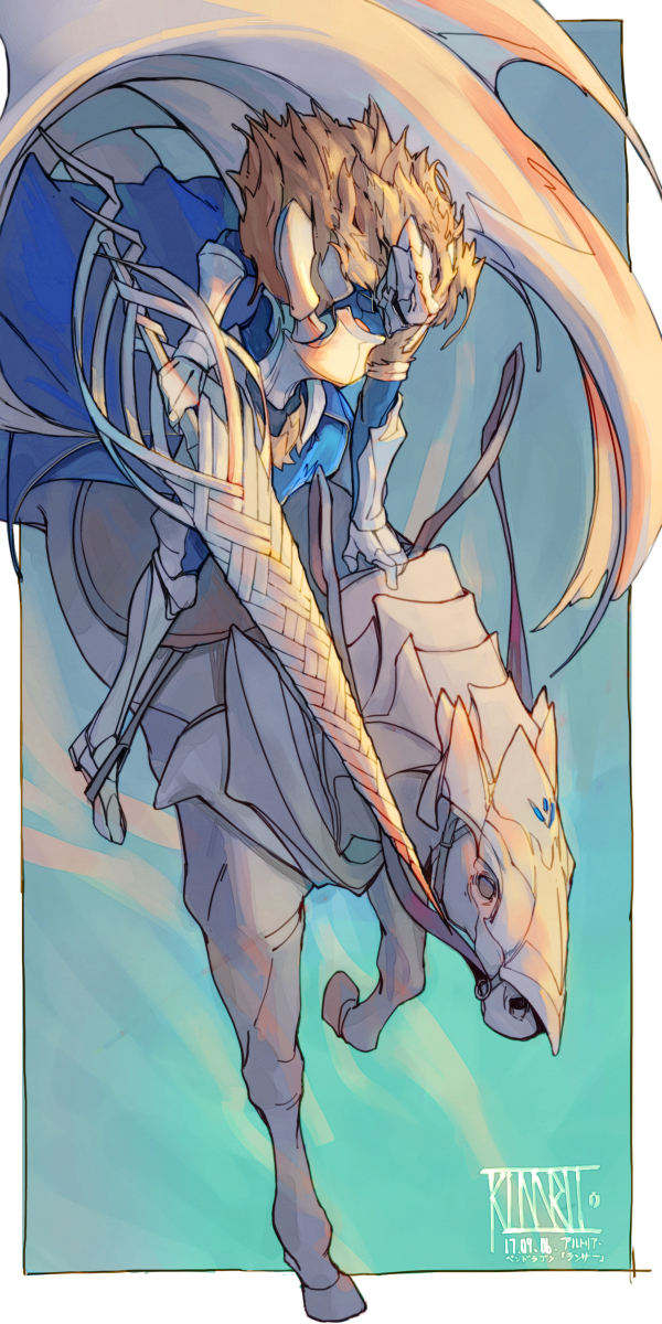 1girl armor armored_animal artoria_pendragon_(fate) artoria_pendragon_(lancer)_(fate) blonde_hair fate/grand_order fate_(series) full_body fur_collar gauntlets helmet highres holding holding_polearm holding_weapon horse horseback_riding kunaru kunaru_(799865444232548352) lance long_hair midair polearm rhongomyniad_(fate) riding solo spear tagme weapon