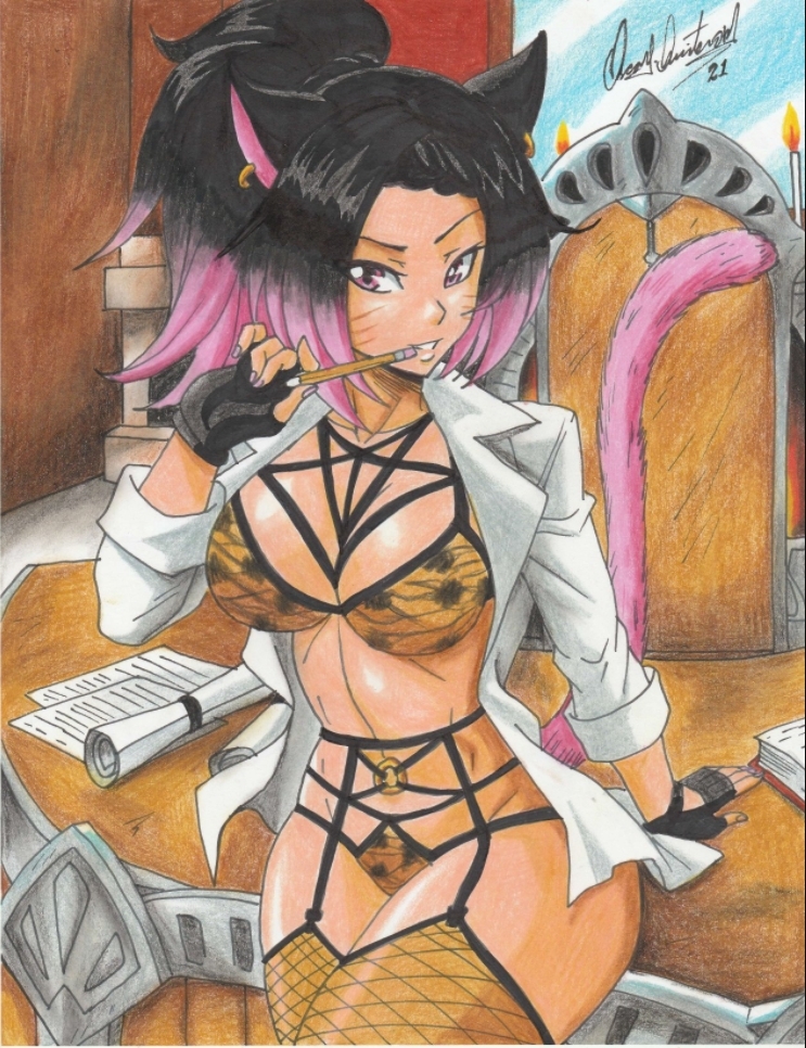 1girl 2021 animal_ears animal_print_bra animal_print_panties artist_name black_gloves black_hair candle chair commission desk earrings fingerless_gloves gloves grin high_ponytail holding holding_pencil jewelry mirror multicolored_hair navel on_desk open_clothes open_shirt original paper pencil pink_eyes pink_hair ponytail ravernclouk_design shirt sitting on_desk smile tail thick_thighs thighs traditional_media two-tone_hair underwear white_shirt