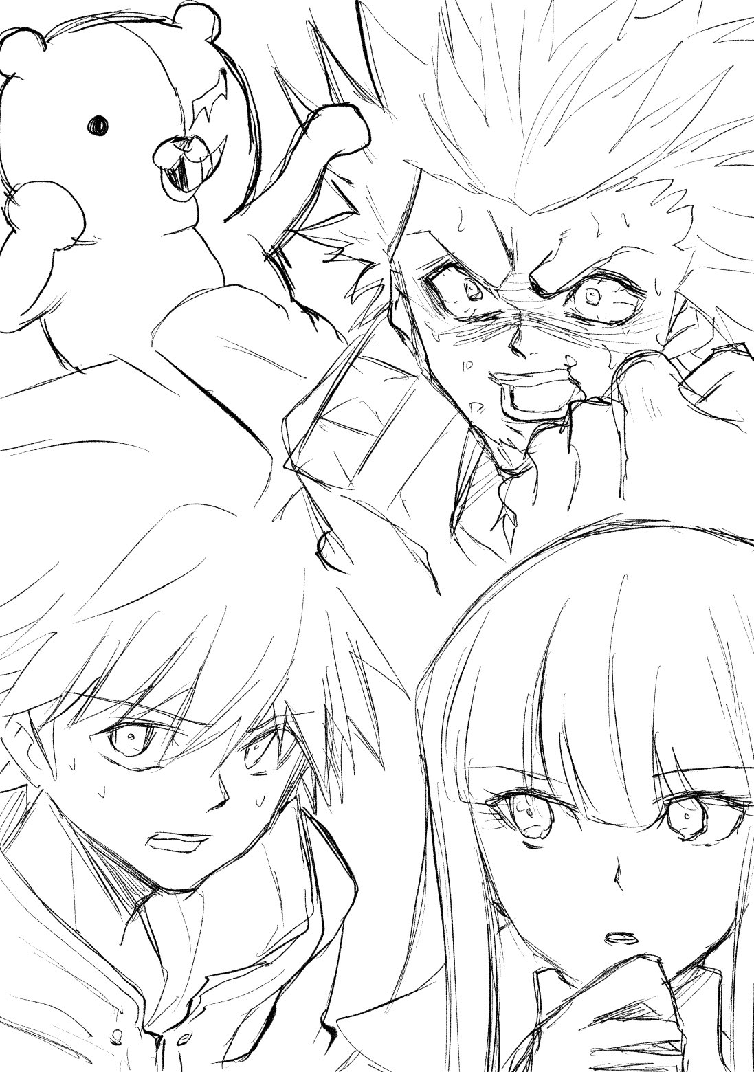 1girl 2boys ahoge angry clenched_hand danganronpa:_trigger_happy_havoc danganronpa_(series) greyscale hand_on_own_chin hand_up highres karen_(karenendo) kirigiri_kyoko kuwata_leon long_hair looking_at_viewer monochrome monokuma multiple_boys naegi_makoto short_hair spiked_hair sweat teeth