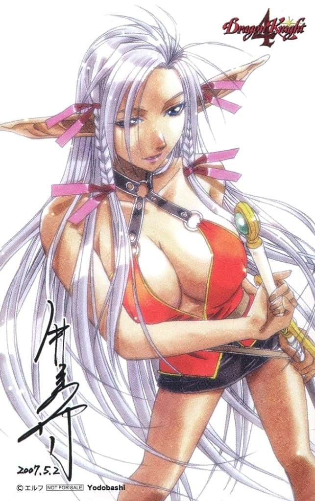 1girl blue_eyes braid breasts cleavage copyright_name copyright_notice dark-skinned_female dark_skin dragon_knight_(elf) dragon_knight_4 elf hair_ribbon holding holding_sword holding_weapon large_breasts logo long_hair long_pointy_ears marlene miniskirt non-web_source not_for_sale official_art pencil_skirt pointy_ears retro_artstyle ribbon scan sheath skirt solo sword takei_masaki unsheathing very_long_hair weapon white_hair