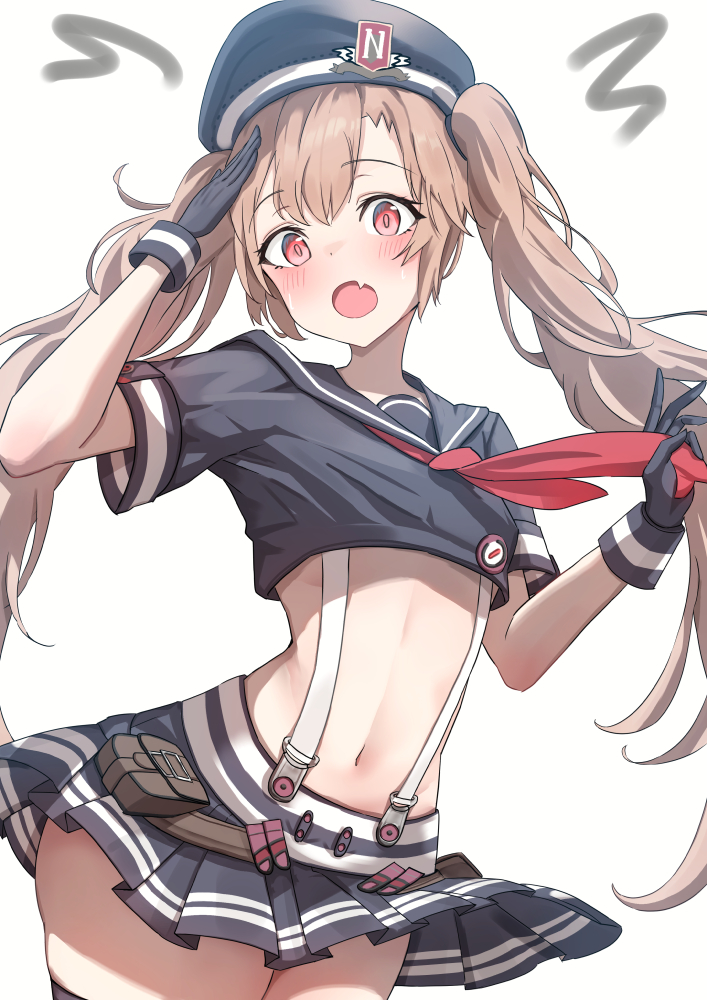 :o belt_pouch black_gloves black_headwear black_skirt black_thighhighs blush brown_hair cowboy_shot crop_top dress fang flat_chest gloves goddess_of_victory:_nikke hat hatenoga long_hair midriff military_hat miniskirt miranda_(nikke) navel neckerchief open_mouth pink_eyes pleated_skirt pouch red_neckerchief sailor_collar sailor_dress salute sidelocks skin_fang skirt suspender_skirt suspenders thighhighs twintails very_long_hair white_background