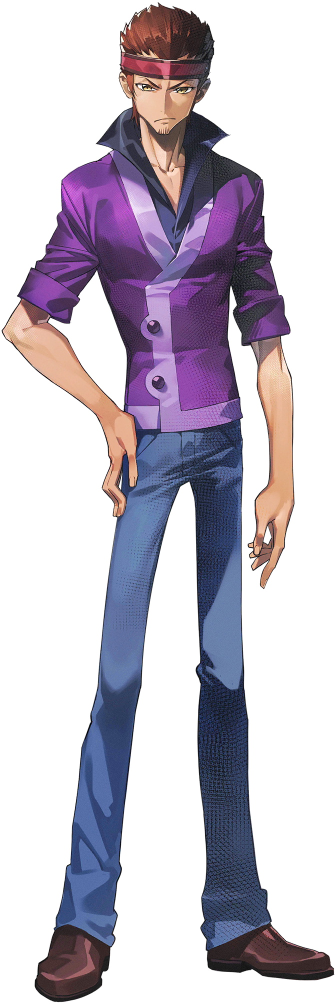 1boy black_shirt brown_hair closed_mouth code_geass code_geass:_genesic_re;code collarbone collared_shirt cropped_torso facial_hair goatee_stubble hands_on_own_hips happy headband high_collar highres jacket looking_at_viewer male_focus official_art pectoral_cleavage pectorals purple_jacket red_headband shirt short_hair sidelocks simple_background sleeves_rolled_up smile solo spiked_hair standing stubble tamaki_shin&#039;ichirou transparent_background upper_body v-neck