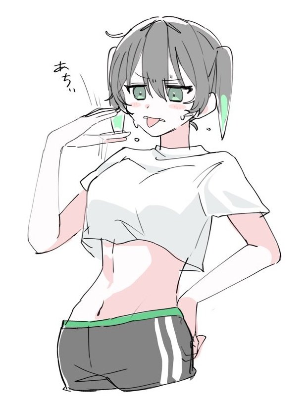 1girl black_hair black_pants blush breasts contrapposto cowboy_shot crop_top cropped_legs green_eyes green_hair hair_between_eyes hand_on_own_hip hand_up looking_at_viewer love_live! love_live!_nijigasaki_high_school_idol_club medium_breasts medium_hair motion_lines navel osora_dao pants raised_eyebrow shirt short_sleeves simple_background solo standing stomach takasaki_yu tongue tongue_out translation_request twintails white_background white_shirt