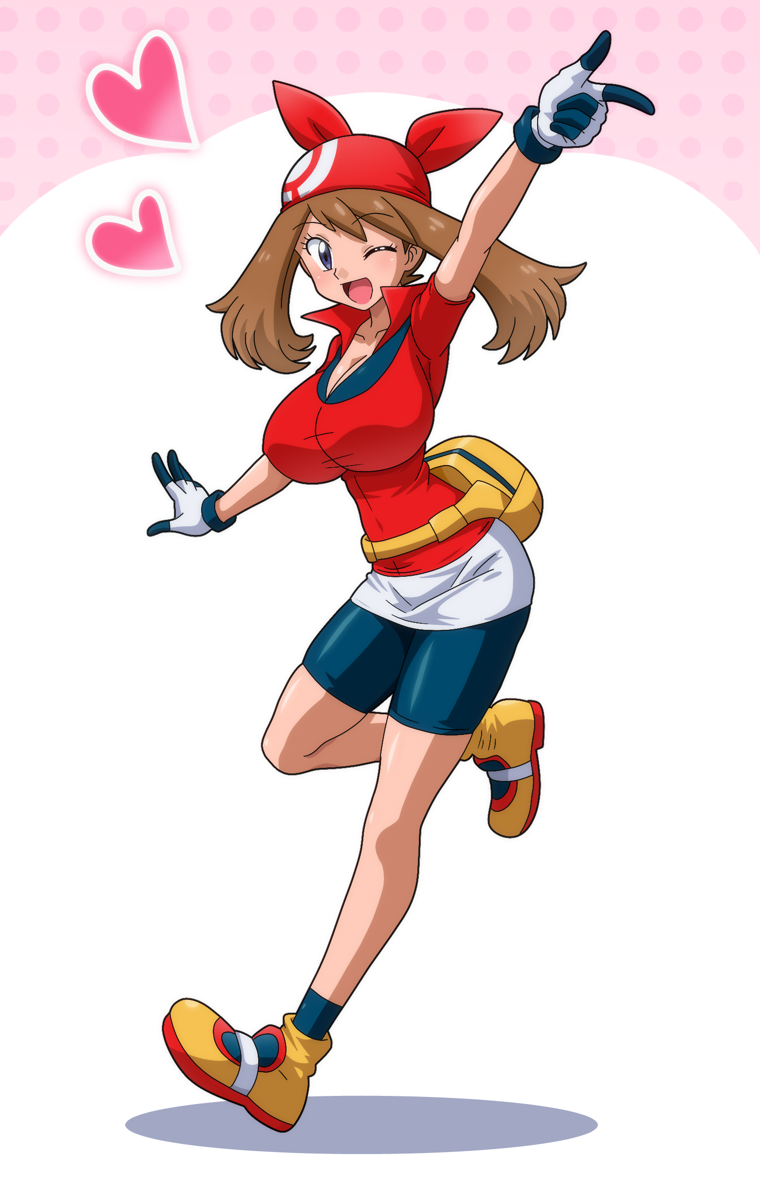 1girl arm_up bandana bike_shorts bow_hairband breasts brown_hair cleavage commission covered_navel gloves hairband heart highres hitokiwa_kenchin large_breasts legs may_(pokemon) nintendo one_eye_closed pixiv_commission pokemon pokemon_rse red_bandana red_hairband red_shirt shirt short_hair shorts_under_shorts smile thighs wink