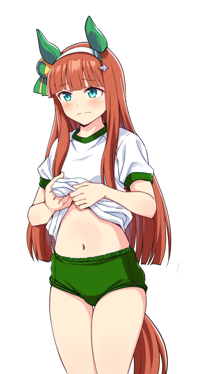1girl animal_ears blunt_bangs blush buruma closed_mouth clothes_lift commentary cowboy_shot ear_covers frown green_buruma grey_hairband gym_shirt gym_uniform hairband highres horse_ears horse_girl horse_tail lifting_own_clothes looking_at_viewer navel orange_hair ponzu_rui shirt shirt_lift short_sleeves silence_suzuka_(umamusume) simple_background solo standing straight_hair t-shirt tail thigh_gap umamusume white_background white_shirt