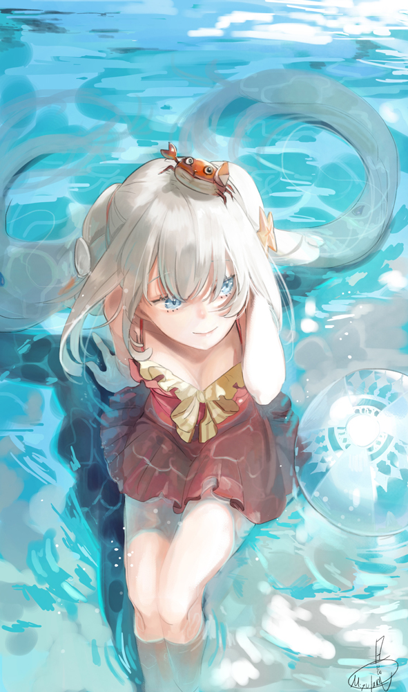1girl animal animal_on_head arm_support ball beachball blue_eyes breasts cleavage crab crab_on_head dress fate_(series) feet_out_of_frame frilled_dress frills from_above grey_hair long_hair marie_antoinette_(fate) marie_antoinette_(swimsuit_caster)_(first_ascension)_(fate) mizutame_tori on_head partially_submerged red_dress signature sitting small_breasts solo starfish_hair_ornament twintails very_long_hair water