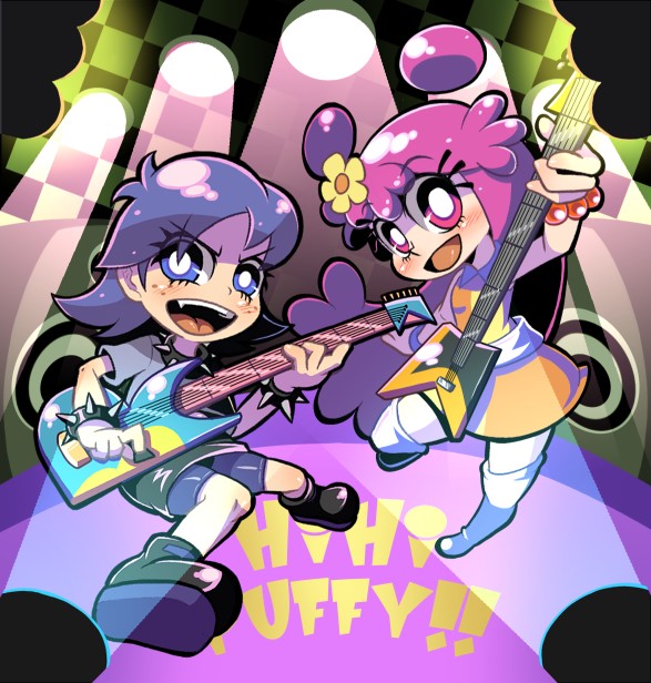 2girls :d ami_onuki bead_bracelet beads bike_shorts black_footwear blue_eyes blue_hair blush bracelet choker copyright_name double_bun electric_guitar eyelashes flower freckles full_body guitar hair_bun hair_flower hair_ornament hi_hi_puffy_amiyumi holding holding_instrument instrument jewelry long_hair multiple_girls music open_mouth pearl_bracelet pink_eyes pink_hair playing_instrument short_hair smile soxy speaker spiked_bracelet spiked_choker spikes stage stage_lights teeth tongue upper_teeth_only white_footwear yumi_yoshimura
