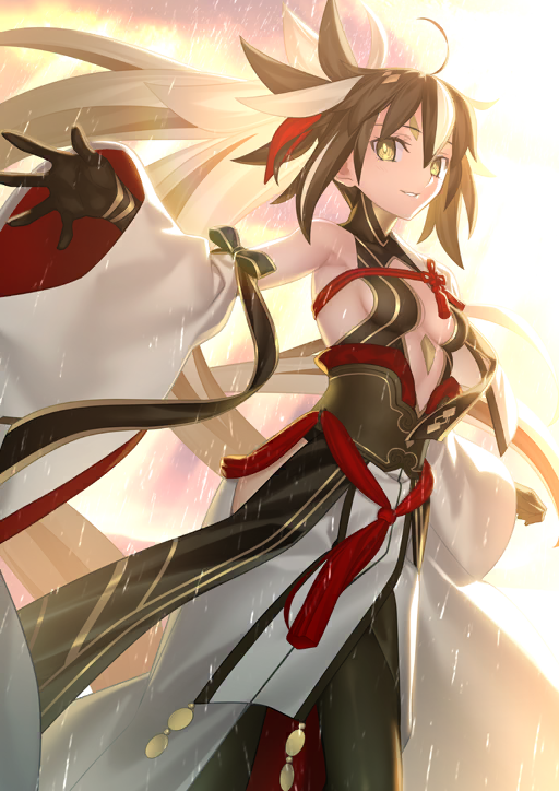 1girl ahoge black_gloves black_pantyhose breasts breasts_apart bright_pupils cleavage_cutout clothing_cutout detached_sleeves facial_mark fate/grand_order fate_(series) floating_hair forehead_mark game_cg gloves green_eyes hair_between_eyes halterneck high_collar long_hair long_sleeves looking_at_viewer looking_to_the_side medium_breasts multicolored_hair nagao_kagetora_(fate) official_art outstretched_arms pantyhose parted_lips ponytail sideboob sidelocks single_bare_shoulder smile solo streaked_hair takeuchi_takashi third-party_source two-tone_hair uesugi_kenshin_(fate) uesugi_kenshin_(third_ascension)_(fate) very_long_hair white_pupils wide_sleeves