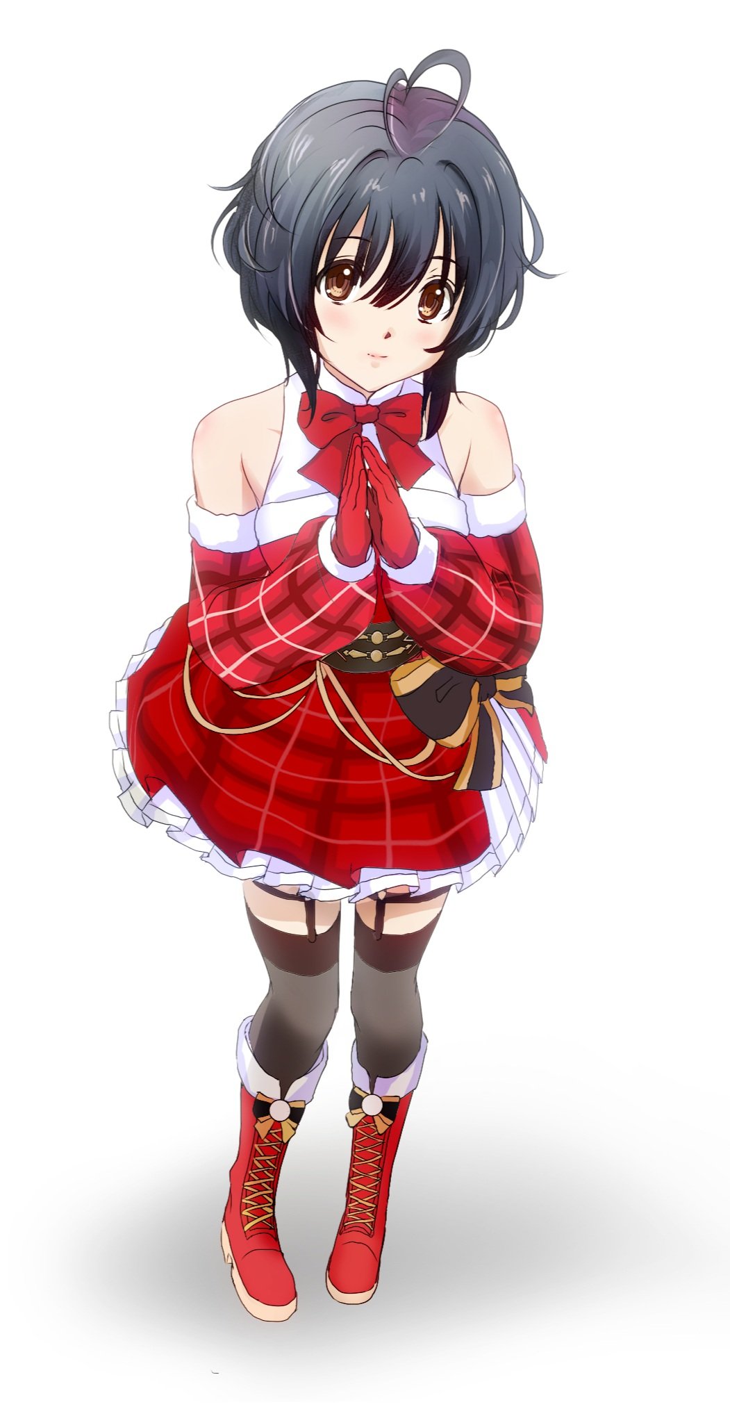 1girl 22/7 ahoge black_hair black_thighhighs boots bow bowtie brown_eyes bxtbsy7q76gxh73 closed_mouth detached_sleeves dress from_above full_body garter_straps gloves highres knee_boots light_smile palms_together plaid_clothes plaid_dress pleated_dress red_boots red_bow red_bowtie red_dress red_gloves short_dress short_hair simple_background sleeveless sleeveless_dress solo standing takigawa_miu thighhighs white_background