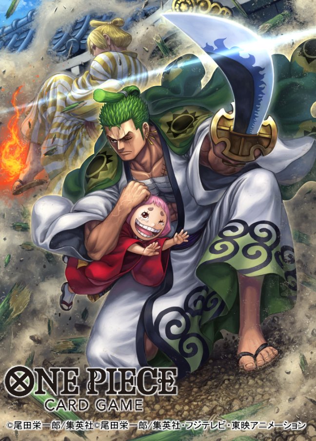 1girl bandaged_torso blonde_hair child chonmage closed_mouth commentary_request copyright_name crying dust earrings fire flip-flops glint holding holding_sword holding_weapon japanese_clothes jewelry kimono leg_up official_art okobo on_one_knee one_piece one_piece_card_game pink_hair platform_sandals red_kimono roronoa_zoro sandals sanji_(one_piece) scar scar_across_eye scar_on_face short_hair smile striped_clothes striped_kimono sword tatsuya_(atelier_road) tears toko_(one_piece) topknot v-shaped_eyebrows veins vertical-striped_clothes vertical-striped_kimono weapon white_kimono wide_sleeves yellow_kimono zouri