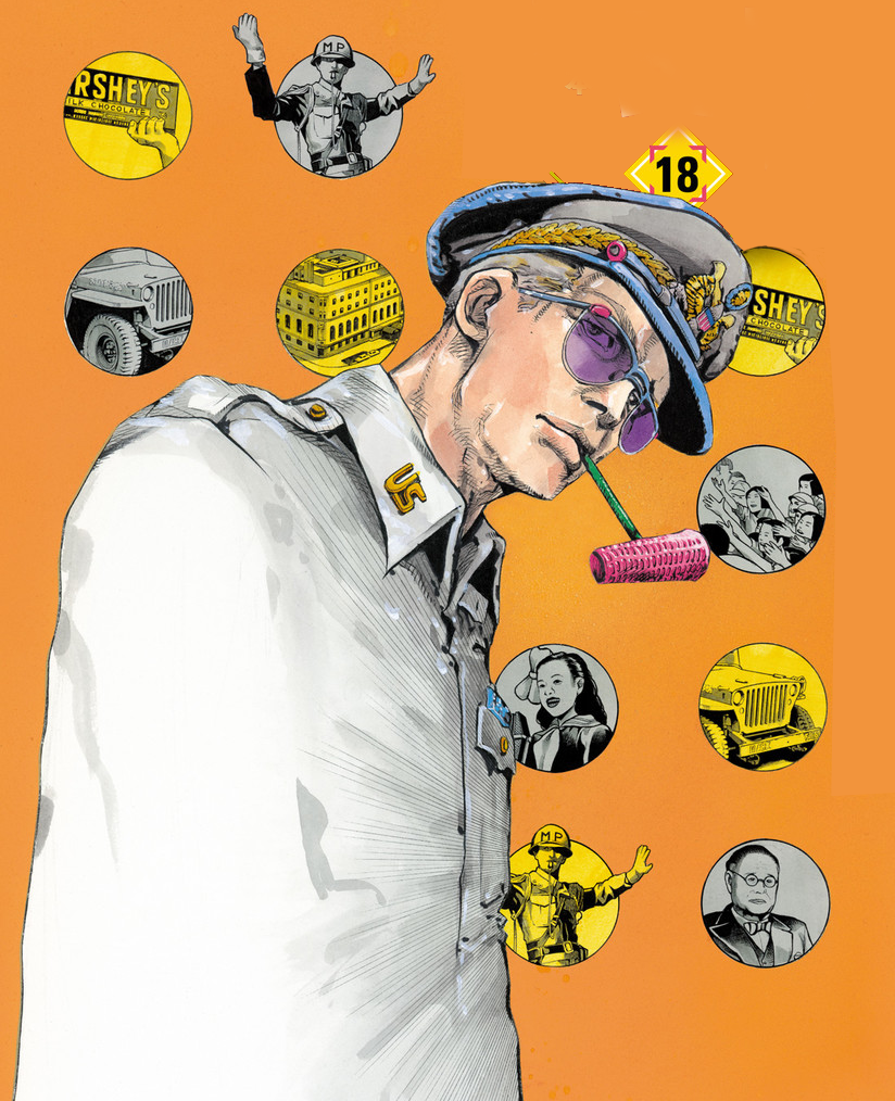 6+boys 6+girls araki_hirohiko candy chocolate chocolate_bar crowd douglas_macarthur english_text food gloves hat helmet hershey&#039;s looking_at_viewer military military_hat military_police military_uniform multiple_boys multiple_girls original peaked_cap pipe_in_mouth real_life smoking_pipe sunglasses united_states_army whistle