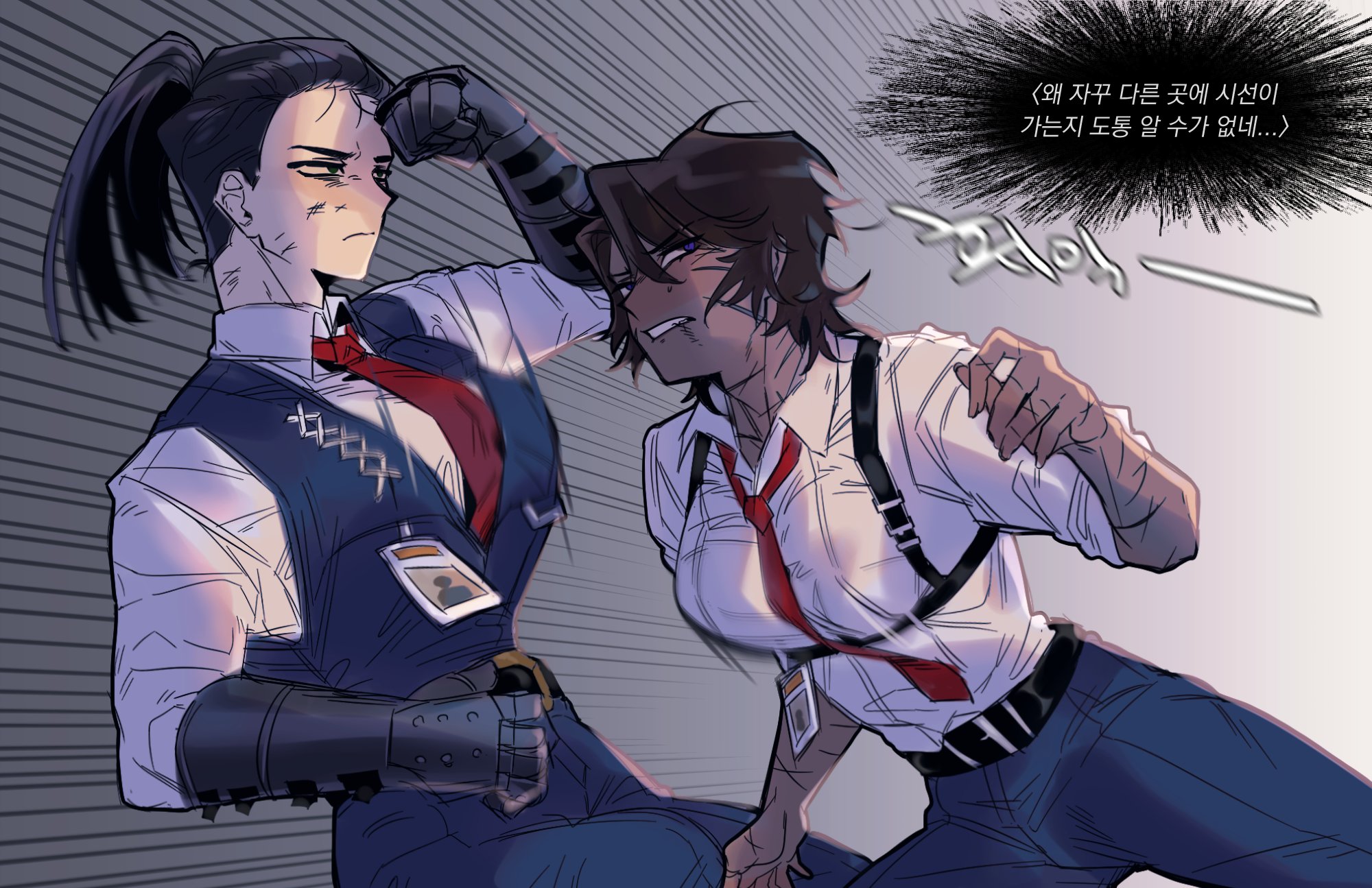 2girls belt black_eyes black_hair black_vest brown_hair chest_harness clenched_teeth collared_shirt dark-skinned_female dark_skin gauntlets genderswap genderswap_(mtf) harness heathcliff_(project_moon) high_ponytail highres id_card korean_commentary korean_text limbus_company looking_to_the_side messy_hair meursault_(project_moon) motion_lines multiple_girls multiple_scars necktie nyak_138 pants ponytail project_moon purple_eyes red_necktie scar scar_on_face scars_all_over shirt speed_lines straight_hair teeth too_many vest white_shirt