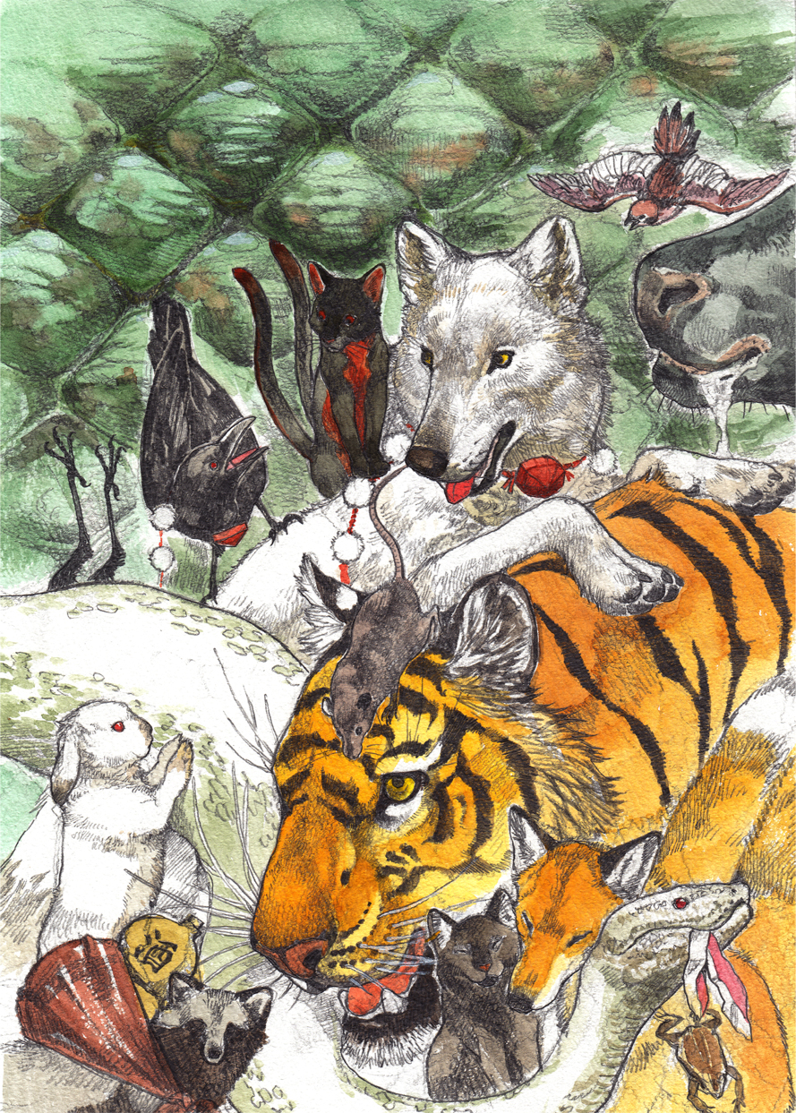animal animalization bad_id bad_pixiv_id bird cat chen chen_(cat) cow crow dragon_god female_focus fox frog futatsuiwa_mamizou futatsuiwa_mamizou_(tanuki) gourd hat highres himekaidou_hatate himekaidou_hatate_(crow) inaba_tewi inaba_tewi_(bunny) inubashiri_momiji inubashiri_momiji_(wolf) kaenbyou_rin kaenbyou_rin_(cat) kamishirasawa_keine kobushi kobuushi moriya_suwako moriya_suwako_(frog) mouse_(animal) mystia_lorelei mystia_lorelei_(bird) nazrin nazrin_(mouse) no_humans rabbit realistic reisen_udongein_inaba reisen_udongein_inaba_(bunny) shameimaru_aya shameimaru_aya_(crow) snake sparrow stomach_bulge tanuki tiger tokin_hat toramaru_shou toramaru_shou_(tiger) touhou traditional_media wolf yakumo_ran yakumo_ran_(fox) yakumo_yukari yasaka_kanako yasaka_kanako_(snake)