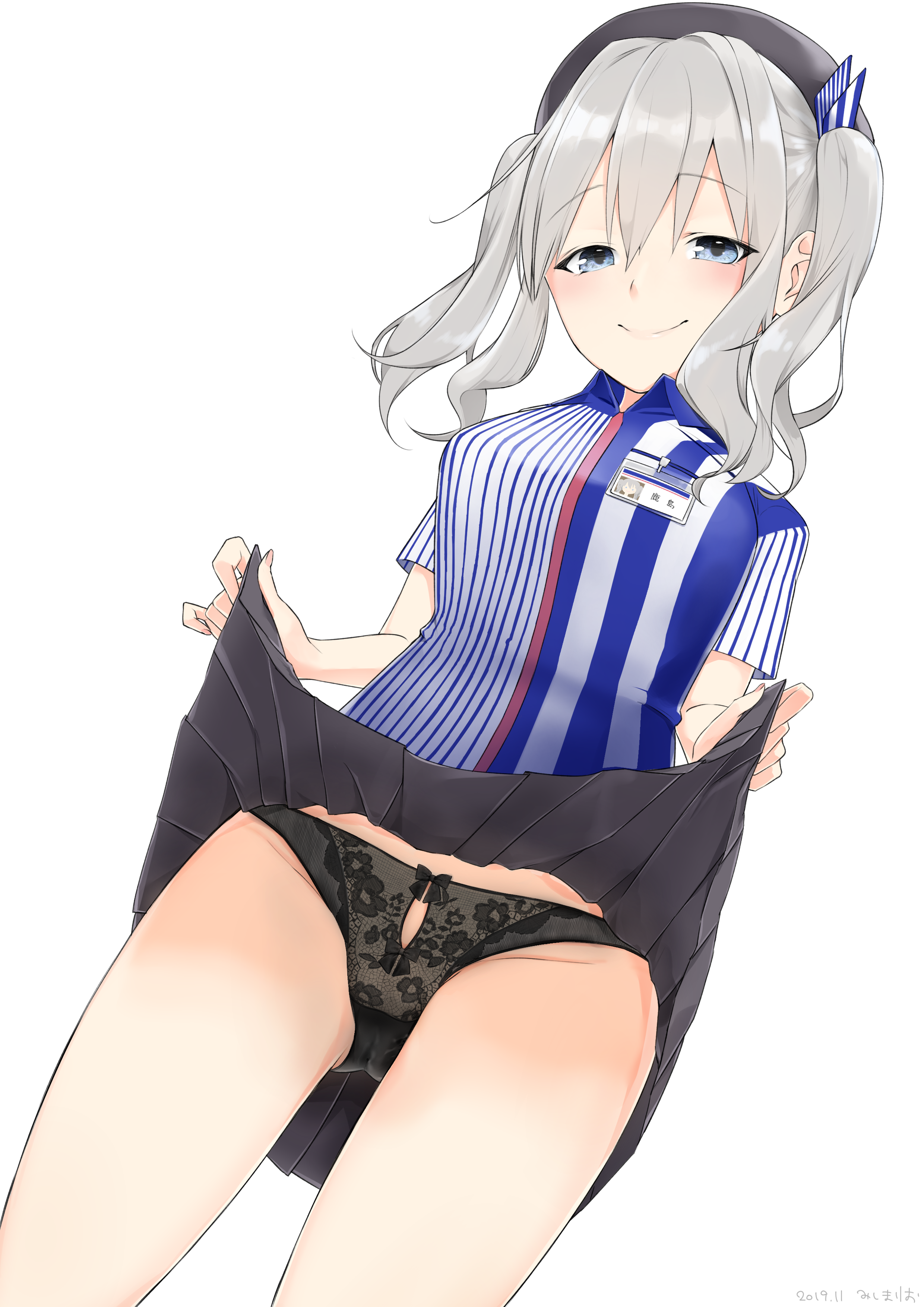 1girl absurdres beret black_panties black_skirt blue_eyes blush bow bow_panties breasts cashier closed_mouth commentary_request cowboy_shot employee_uniform female_focus from_below gluteal_fold groin hat highres id_card kantai_collection kashima_(kancolle) kashima_(lawson)_(kancolle) kerchief lace lace-trimmed_panties lace_trim large_breasts lawson lifting_own_clothes lingerie long_hair looking_at_viewer mishima_ryo panties pleated_skirt shirt sidelocks silver_hair simple_background skirt smile solo store_clerk striped_clothes striped_shirt thighs twintails underwear vertical-striped_clothes vertical-striped_shirt wavy_hair white_background