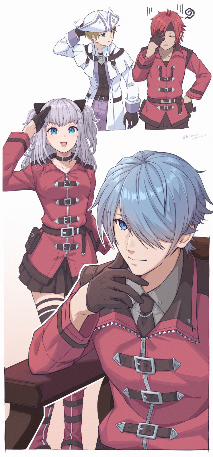 1girl 3boys aqua_eyes black_headband black_ribbon black_skirt blonde_hair blue_eyes capelet closed_eyes commentary_request dated freya_(kingdom_hearts) gogo_(detteiu_de) grey_hair hair_over_one_eye hair_ribbon hand_on_own_hip hat headband highres jacket kingdom_hearts kingdom_hearts_missing-link long_hair multiple_boys nept_(kingdom_hearts) one_eye_covered player_character_(kingdom_hearts_missing-link) pleated_skirt red_hair red_jacket remus_(kingdom_hearts) ribbon short_hair skirt twitter_username two_side_up white_capelet white_hat