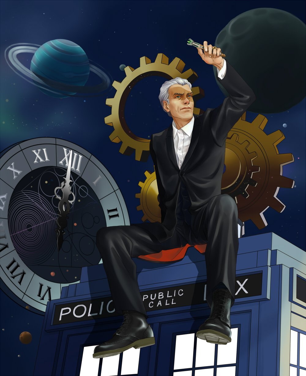 clock doctor_who eyebrows gears highres male_focus solo sonic_screwdriver tardis the_doctor the_doctor_(doctor_who) twelfth_doctor twelfth_doctor_(doctor_who)