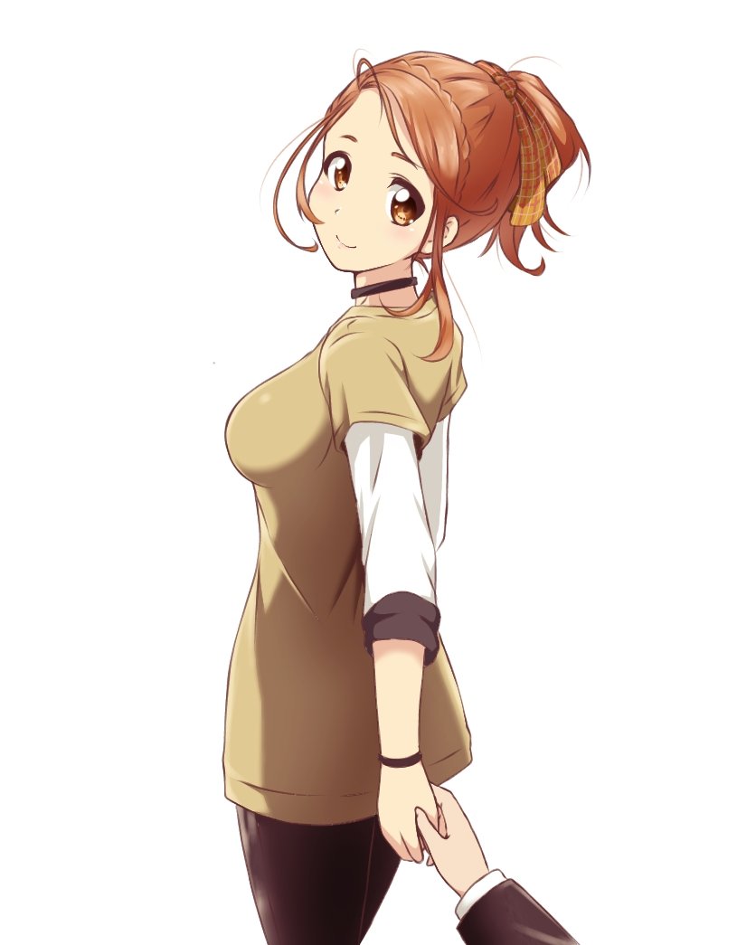 1girl 22/7 black_choker black_pants bow braid brown_eyes brown_hair brown_shirt choker crown_braid from_behind hair_bow high_ponytail hitorilily kono_miyako looking_at_viewer looking_back orange_bow pants plaid_bow ponytail pov pov_hands shirt simple_background single_braid white_background