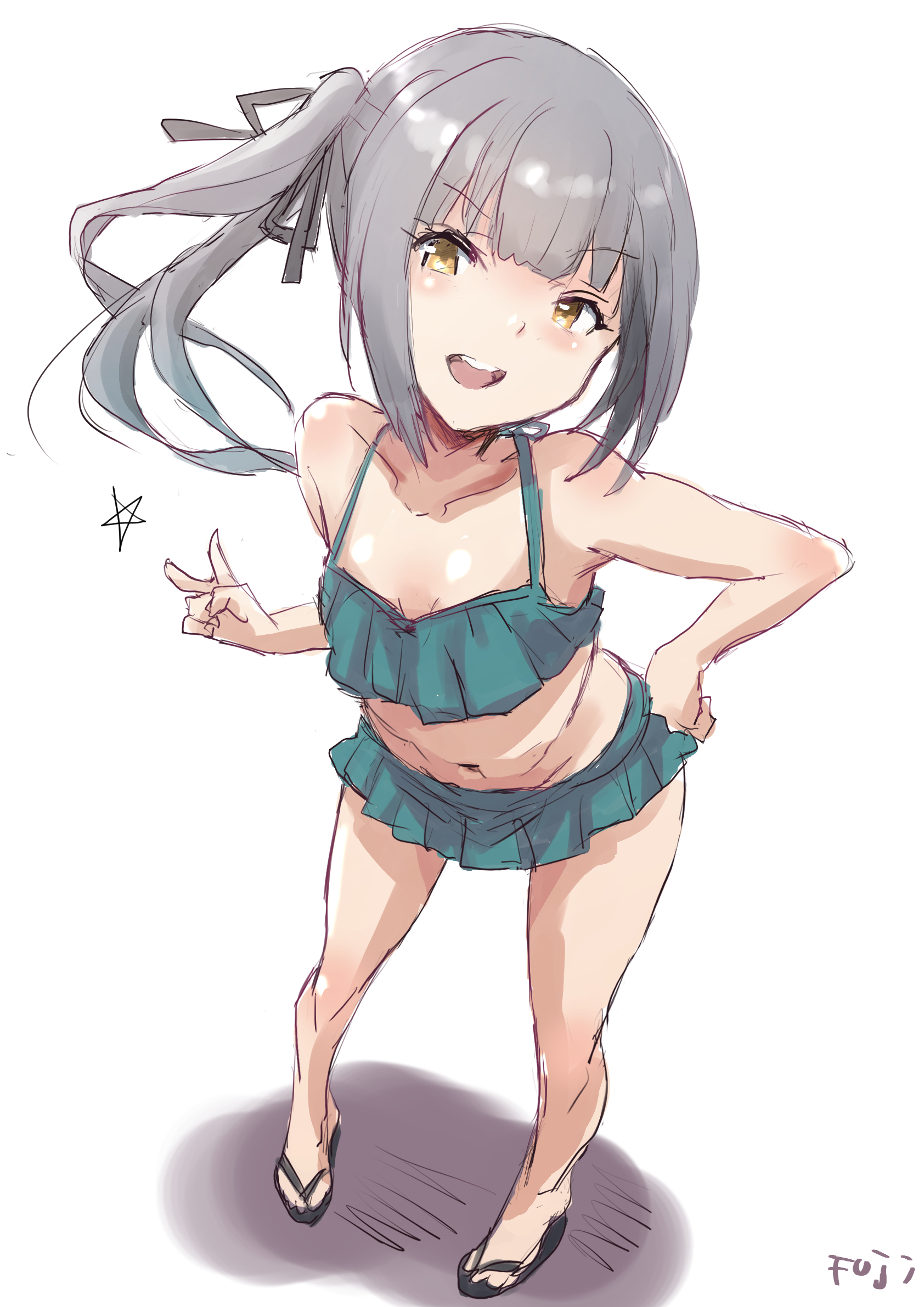 1girl bikini black_sandals collarbone commentary_request fuji_(pixiv24804665) full_body green_bikini grey_hair highres kantai_collection kasumi_(kancolle) kasumi_kai_ni_(kancolle) kasumi_kai_ni_(swimsuit)_(kancolle) looking_at_viewer navel open_mouth ruffle_bikini sandals side_ponytail simple_background sketch solo standing swimsuit teeth upper_teeth_only v white_background yellow_eyes