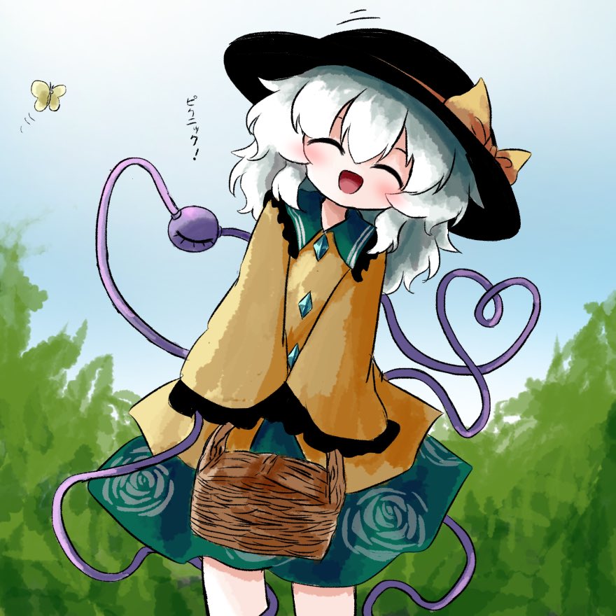 1girl basket black_hat bug butterfly buttons closed_eyes diamond_button eyeball floral_print frilled_shirt_collar frilled_sleeves frills green_hair green_skirt hat hat_ribbon heart heart_of_string heripantomorrow holding holding_basket insect komeiji_koishi outdoors picnic_basket ribbon rose_print shirt skirt sleeves_past_wrists smile third_eye touhou translation_request wide_sleeves yellow_butterfly yellow_ribbon yellow_shirt
