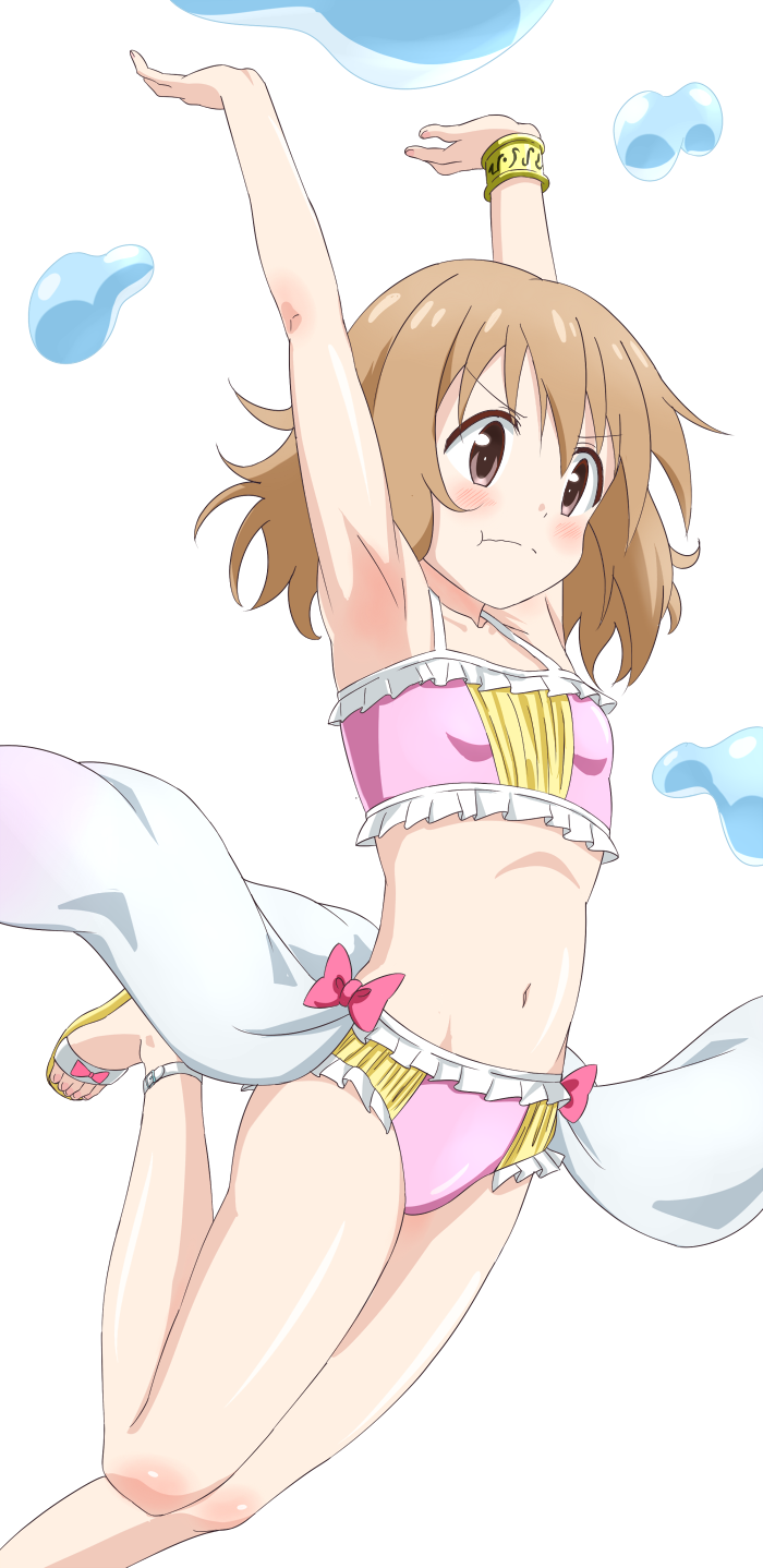 &gt;:t 10s 1girl :t armpits arms_up bare_shoulders bikini blush bow bracelet breasts brown_eyes brown_hair collarbone commentary_request female_focus frilled_bikini frills hanami_yuzuka highres jewelry leg_up looking_away magic mahou_shoujo_nante_mou_ii_desukara. matching_hair/eyes messy_hair navel no_socks pink_bikini pink_bow sandals short_hair showgirl_skirt simple_background sincos small_breasts solo swimsuit v-shaped_eyebrows water wavy_mouth white_background