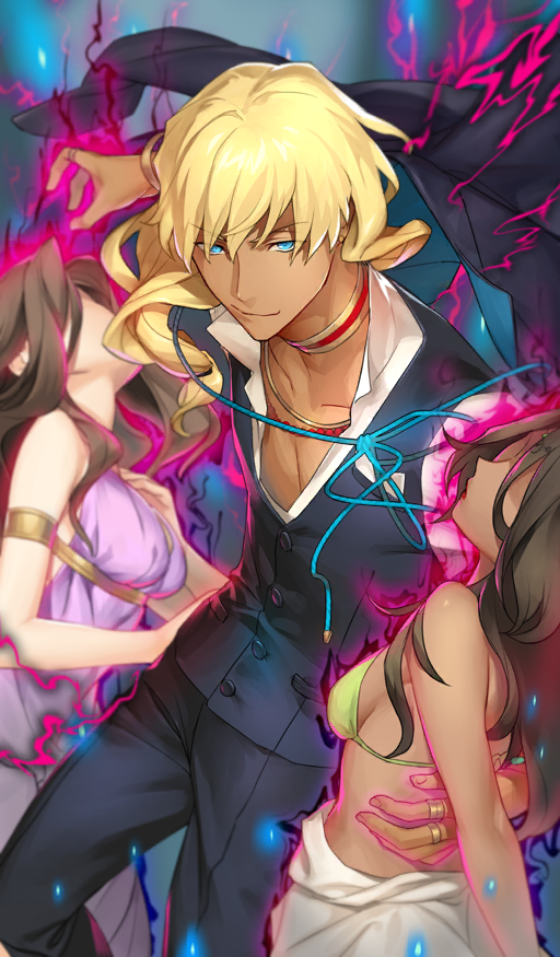 1boy 2girls armband atram_galiast bare_arms bead_necklace beads bikini bikini_top_only black_jacket black_pants black_vest blonde_hair blue_eyes breast_pocket breasts brown_hair buttons choker collarbone collared_shirt commentary dark-skinned_female dark-skinned_male dark_skin dress faceless fate/grand_order fate/stay_night fate_(series) floating ginka_sima gold_ring green_bikini hair_between_eyes hand_on_another&#039;s_back hand_on_another&#039;s_hip hand_on_own_chest jacket jewelry long_hair looking_at_viewer magic male_focus medium_breasts midriff multiple_girls multiple_necklaces multiple_rings necklace official_art pants pectorals pocket popped_collar purple_dress ring shirt sideboob skirt smirk swimsuit third-party_source translucent_hair unworn_jacket vest white_shirt white_skirt