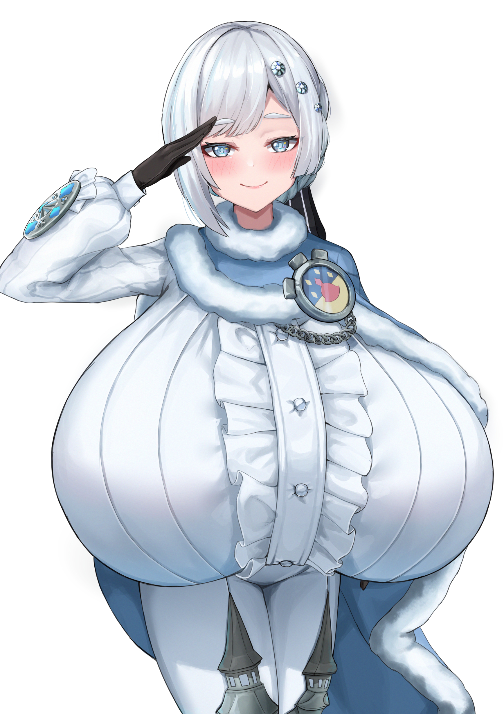 1girl absurdres akershus_fortress_(oshiro_project) badge black_gloves blue_cape blue_cloak blue_eyes bodysuit braid breasts cape center_frills cloak commission frills fur-trimmed_cape fur-trimmed_cloak fur_trim gigantic_breasts gloves grey_hair highres impossible_bodysuit impossible_clothes irorong looking_at_viewer oshiro_project:re padded_cloak pants pixiv_commission salute simple_background smile solo tight_clothes tight_pants white_background white_bodysuit