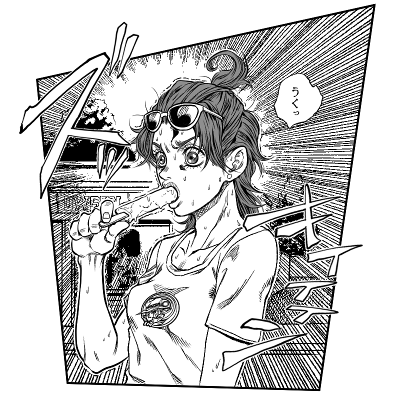 1girl araki_hirohiko_(style) crosshatching earrings eyewear_on_head food food_in_mouth greyscale hatching_(texture) holding holding_food holding_popsicle jewelry jojo_no_kimyou_na_bouken melting_popsicle messy_hair monochrome nervous_sweating popsicle popsicle_in_mouth saradaver shaking shizuka_joestar short_sleeves simple_background solo stud_earrings sunglasses sweat white_background