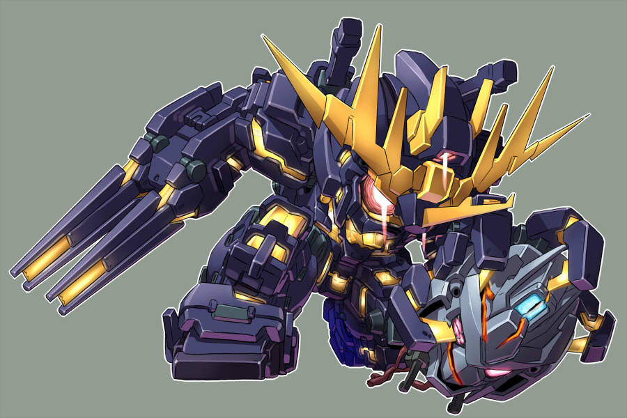 bad_id bad_twitter_id chibi delta_plus grey_background gundam gundam_unicorn holding_detached_head looking_down mecha mobile_suit nt-d pink_eyes purple_eyes robot science_fiction solo unicorn_gundam_banshee v-fin yabe_makoto