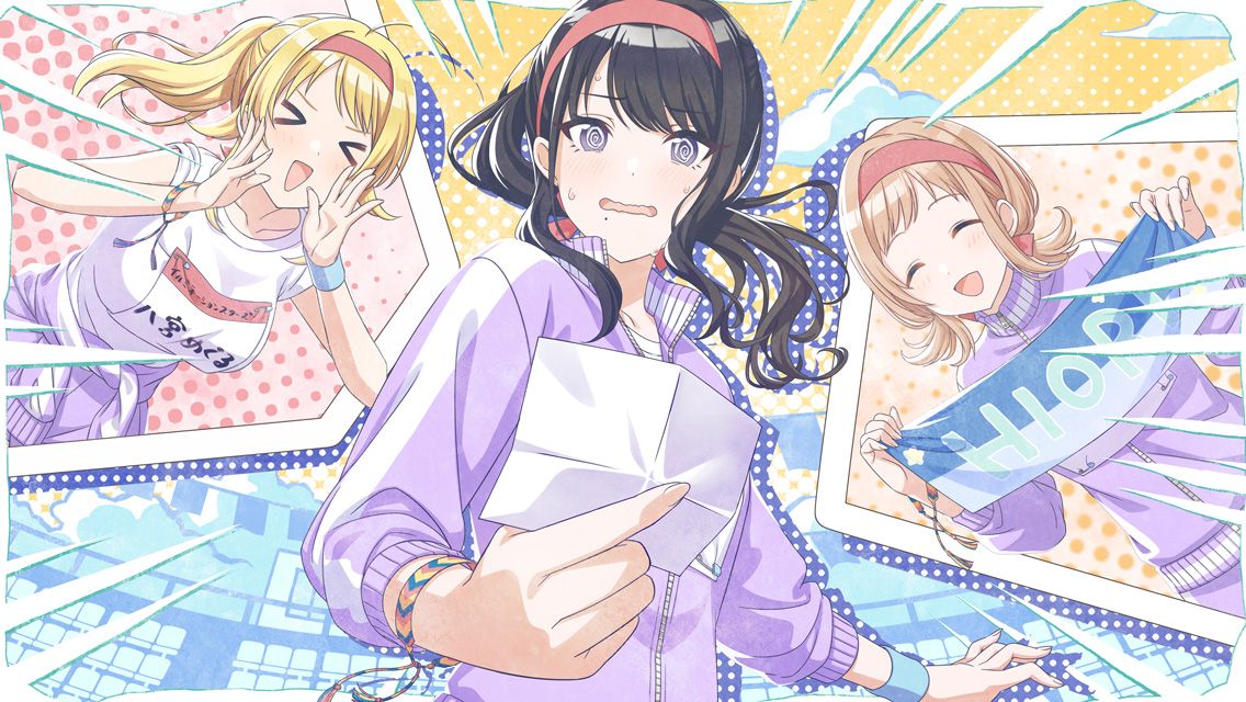 >_< 3girls @_@ black_hair blonde_hair blush bracelet character_name clothes_around_waist collarbone emphasis_lines game_cg hachimiya_meguru hair_flaps halftone halftone_background headband holding holding_paper holding_sign idolmaster idolmaster_shiny_colors illumination_stars_(idolmaster) jacket jacket_around_waist jewelry kazano_hiori light_brown_hair low_twintails mole mole_under_mouth multiple_girls official_art open_mouth paper ponytail purple_eyes purple_track_suit red_headband sakuragi_mano shadow shirt short_twintails shouting shouting_with_hands sidelocks sign sky smile sweat track_suit twintails upper_body wavy_mouth white_shirt yellow_sky