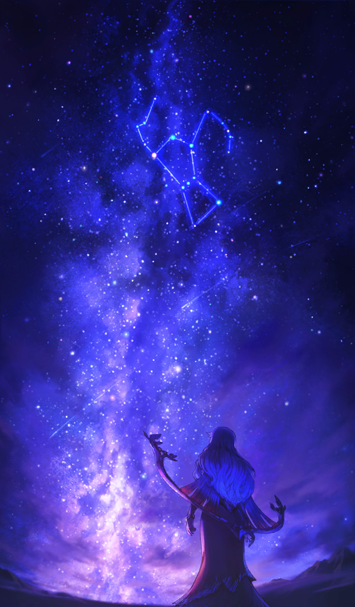 1girl arms_at_sides artemis_(fate) bracelet commentary constellation dress fate/grand_order fate_(series) feet_out_of_frame from_behind jewelry long_dress long_hair looking_up moryo night night_sky official_art orion_(constellation) purple_theme red_dress shooting_star sky sky_focus star_(sky) starry_sky third-party_source