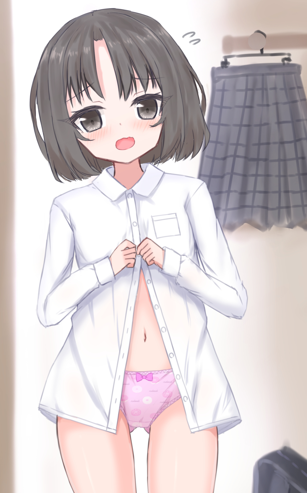 1girl black_eyes black_hair bob_cut bow bow_panties clothes_writing commentary cowboy_shot crotch_seam doughnut_panties donut_print dress_shirt dressing flying_sweatdrops food_print gluteal_fold highres indoors long_sleeves looking_at_viewer navel open_mouth original panties partially_unbuttoned pink_bow pink_panties print_panties shirt shooko short_hair skirt smile solo standing underwear unworn_skirt white_shirt wing_collar