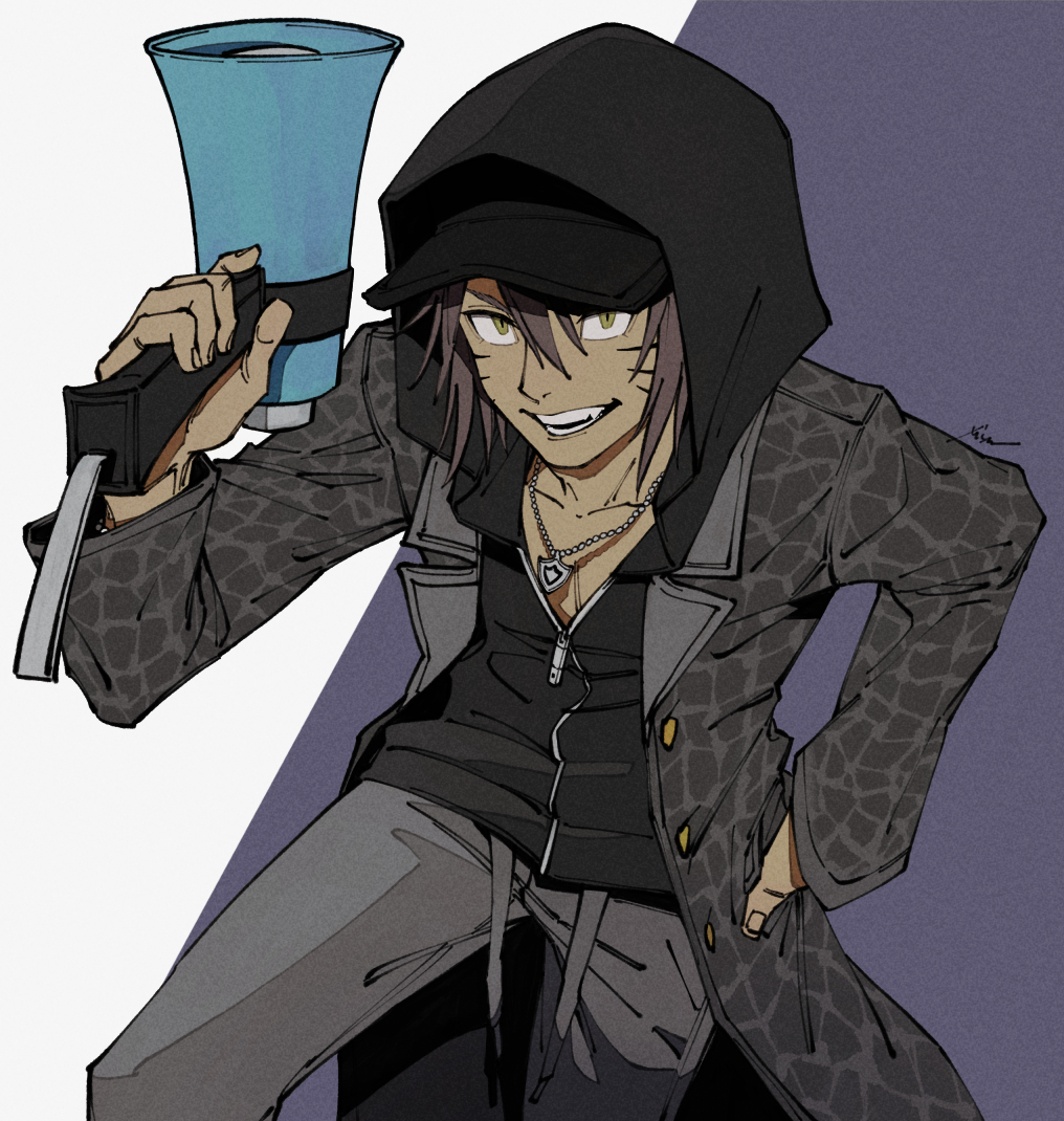 1boy arm_up black_coat black_hoodie black_pants brown_eyes brown_hair coat collarbone dark-skinned_male dark_skin facial_mark hand_in_pocket holding holding_megaphone hood hood_up hoodie jewelry lapels looking_at_viewer male_focus megaphone mim_(mimya0600) minamimoto_sho necklace notched_lapels open_clothes open_coat open_mouth pants partially_unzipped shin_subarashiki_kono_sekai smile solo subarashiki_kono_sekai teeth whisker_markings zipper zipper_pull_tab