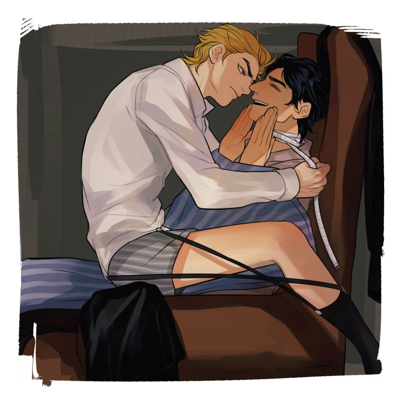 2boys blonde_hair blue_hair boxers dio_brando jojo_no_kimyou_na_bouken jonathan_joestar kilva_lollop male_underwear multiple_boys tape_measure underwear yaoi