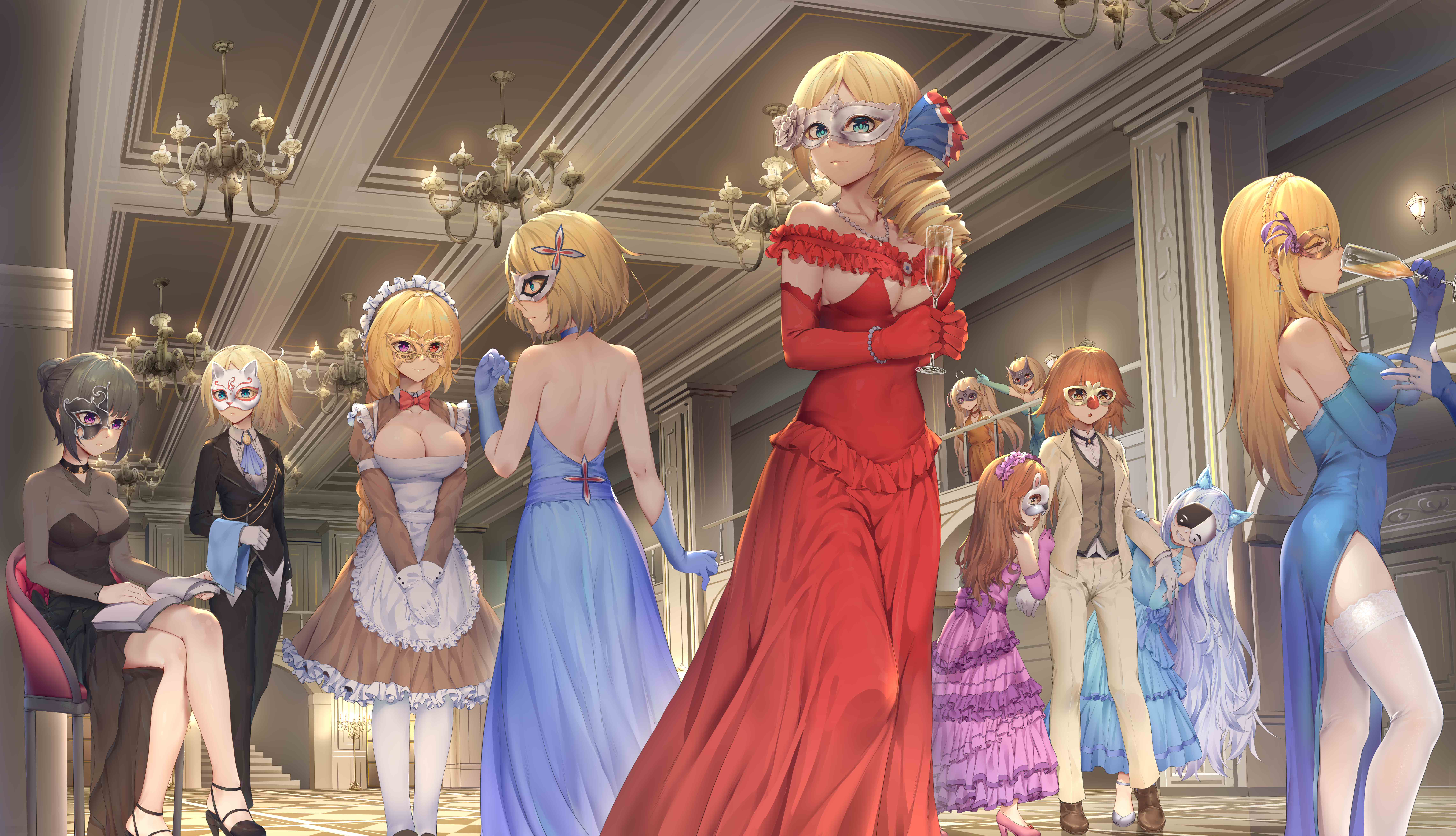 6+girls absurdres alternate_costume apron black_hair blonde_hair blue_dress blue_eyes blue_gloves blue_hair breasts brown_dress brown_eyes brown_hair cleavage_cutout clothing_cutout cup domino_mask dress drinking_glass elbow_gloves closed_eyes formal_clothes gloves heterochromia highres holding holding_cup indoors large_breasts le_fantasque_(warship_girls_r) long_sleeves maid maid_apron maid_headdress mask multiple_girls pants purple_eyes ray_(pixiv9514208) red_dress red_eyes red_gloves revision richelieu_(warship_girls_r) sitting sleeveless sleeveless_dress standing suit thighhighs waist_apron warship_girls_r white_apron white_gloves white_legwear white_pants white_suit