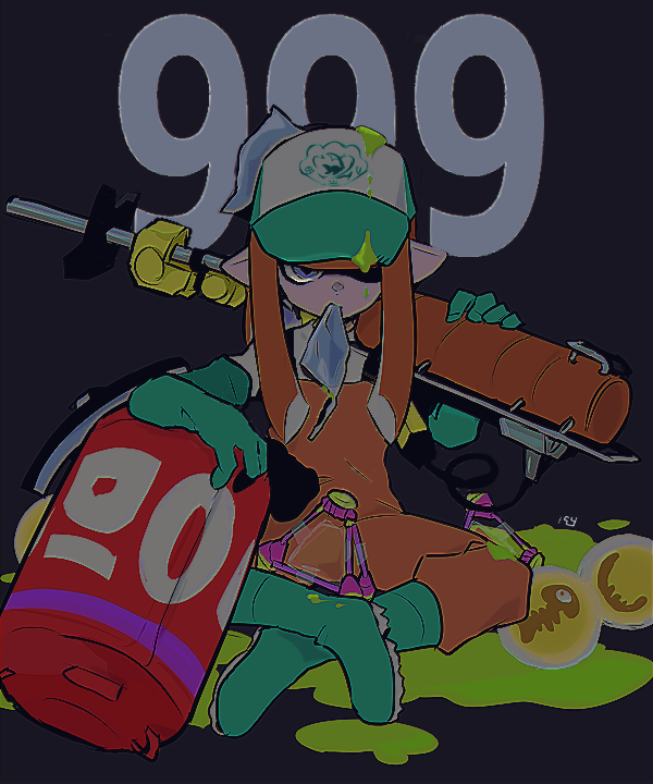 1girl baseball_cap blue_eyes blunt_bangs boots closed_mouth commentary_request e-liter_4k_(splatoon) elbow_gloves full_body gloves golden_egg_(splatoon) green_boots green_gloves green_hat grey_background hat holding holding_weapon imaikuy0 inkling inkling_girl inkling_player_character long_hair mouth_hold nintendo orange_hair orange_overalls overalls pointy_ears rubber_boots rubber_gloves salmon_run_(splatoon) shirt sitting solo splat_bomb_(splatoon) splatoon_(series) splatoon_2 sting_ray_(splatoon) tentacle_hair weapon white_shirt