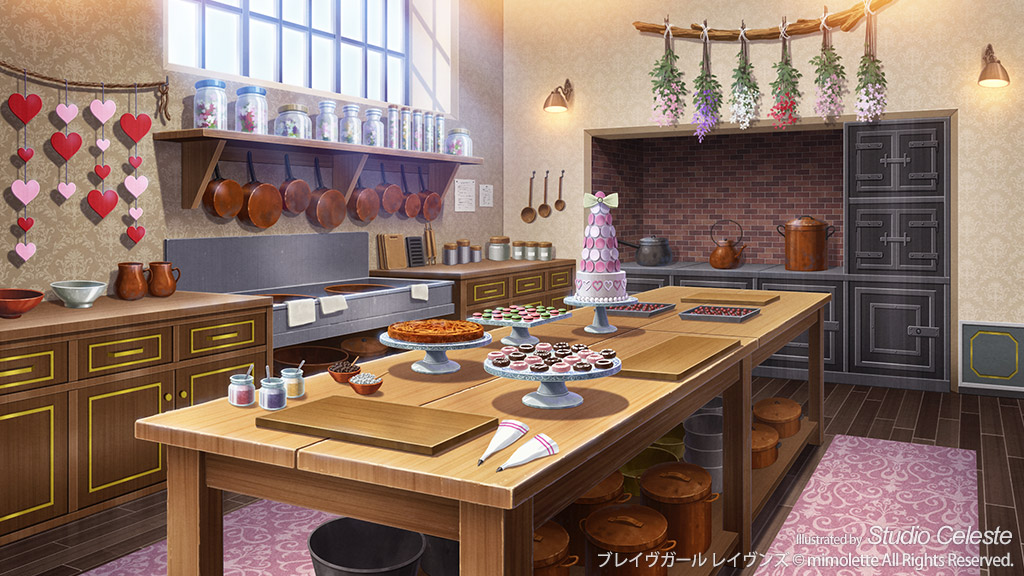 bowl brick_wall cabinet cake carpet cooking_pot cupcake cutting_board dessert flower food frying_pan hanging_flower herb jug_(bottle) kitchen ono_tomohiro original rolling_pin saucepan scenery stove sunlight table wall_lamp window wooden_floor wooden_table