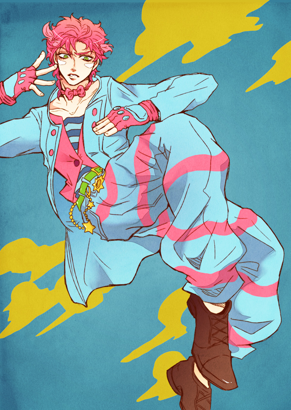 1boy belt caesar_anthonio_zeppeli fabulous facial_mark feathers fingerless_gloves gloves green_eyes headband icoico jojo_no_kimyou_na_bouken male_focus pants red_hair solo striped_clothes striped_pants