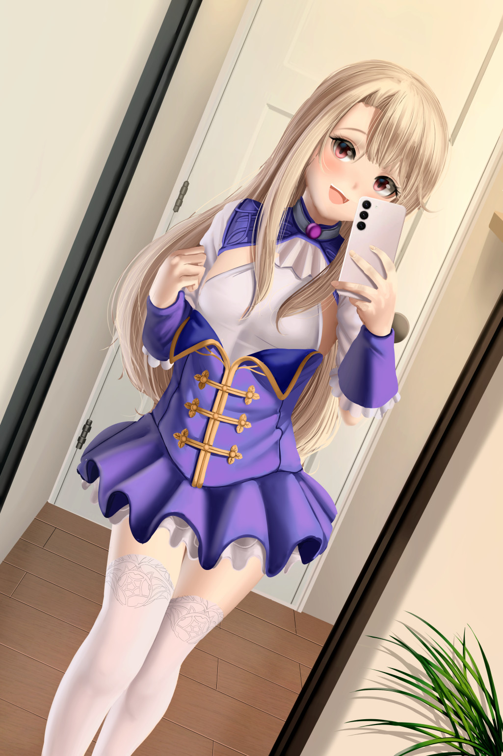 1girl asymmetrical_hair blonde_hair blue_skirt blush cellphone dkoro fate/kaleid_liner_prisma_illya fate_(series) feet_out_of_frame female_focus highres holding holding_phone illyasviel_von_einzbern indoors long_hair mirror open_mouth phone pink_eyes plant selfie skirt smartphone solo standing teeth thighhighs thighs upper_teeth_only very_long_hair white_thighhighs wooden_floor zettai_ryouiki